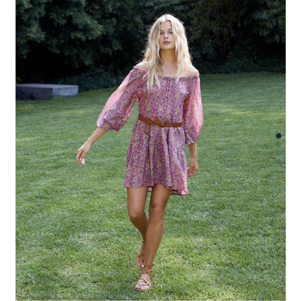 XiRENA Dalyn Mini Dress Small Pink Amethyst Floral Off Shoulder Peasant Silk - Picture 2 of 11